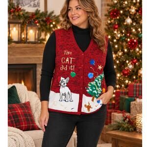 Holiday Time Ugly Christmas Sweater Vest 3X French Bulldog Cat Holiday Party